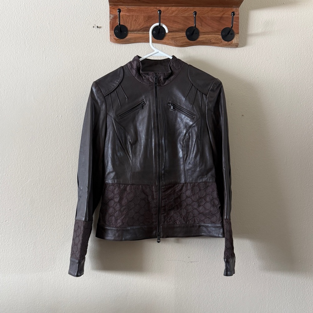Vintage Etcetera Y2K Brown 100% Leather Moto Jacket Biker Eyelet Trim size 2